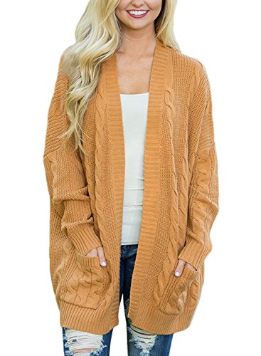 HOTAPEI Women's Casual Open Front Cable Knit Cardigan Long Sleeve Sweater Coat with Pocket