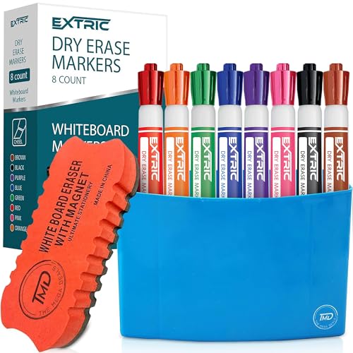 EXTRIC Dry erase Markers Chisel Tip, 8 Whiteboard markers, Magnetic Marker Holder & Eraser, Low Odor White Board Marker Dry Erase - Non Toxic for Classroom, Home, or Office Supplies