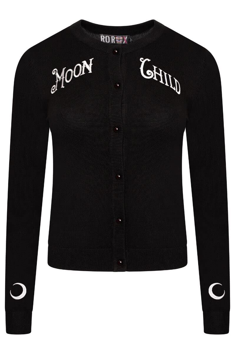 Ro Rox Women's Black Moon Child Cardigan Wicca Rockabilly Embroidery Knitted Long Sleeve, Xs