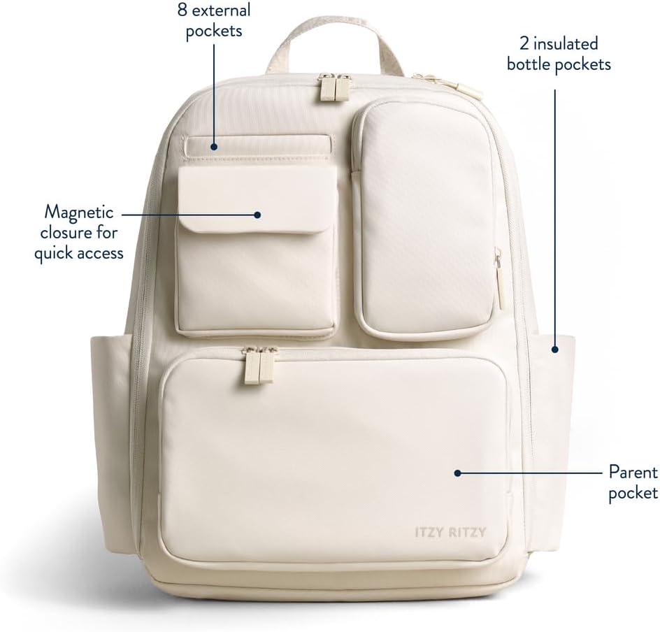 Itzy Ritzy Utility Diaper Bag Backpack – Features 17 Pockets (Including 2 Insulated Bottle Holders) & Trolley Sleeve and Includes Stroller Straps & Changing Pad – Part of the Belong Collection (Cream) - Image 3