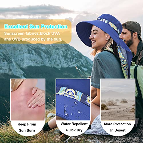 Image of Women Wide Brim Face Mask Sun Hat Detachable Neck Face Flap Ponytail UV Protection Visor Hat Garden Fishing Hiking
