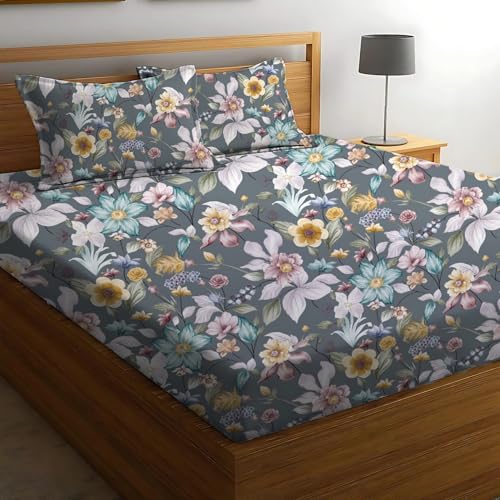 Image of DECOREZA Premium Cotton Feel Elastic Fitted Bedsheet Queen Size 60 x 78 Inch with 2 Pillow Covers | All-Around Elastic | Soft & Breathable | Mattress Upto 10 Inches (Navy Flower)
