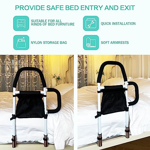 Kaglro Bed Rails For Elderly Adults - Removable Small Armrest & Storage Pocket Assist Bar For Fall Prevention Guard Support Up To 300Lbs, Height 25.4'' - Suitable For King,Queen, Full, Twin Bed #TOP3
