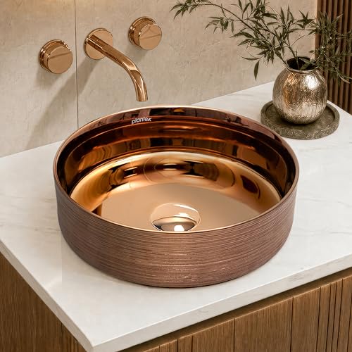Image of Plantex Ceramic Round Wash Basin /Designer Table Top Washbasin /Countertop Wash Basin for bathroom /Home /Office (Rose Gold-14x14x5 Inch)