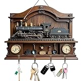 Fychuo Vintage Dampflok Schlüsselbrett Ohne Bohren, Retro Eisenbahn Schlüsselhalter aus Holz, Wanddekoration für Flur und Eingangsbereich, Praktische Schlüsselaufbewahrung mit 4 Haken, 1 Hanfseil