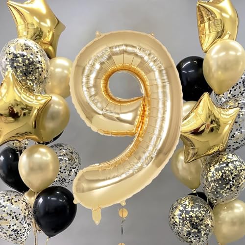 Image of Champagne Gold Large Number 9 Balloon, 40 Inch Light Gold Foil Helium Number Balloons, Giant Mylar Number 9 Balloons for 9 Years Old Birthday Party Anniversary Decorations