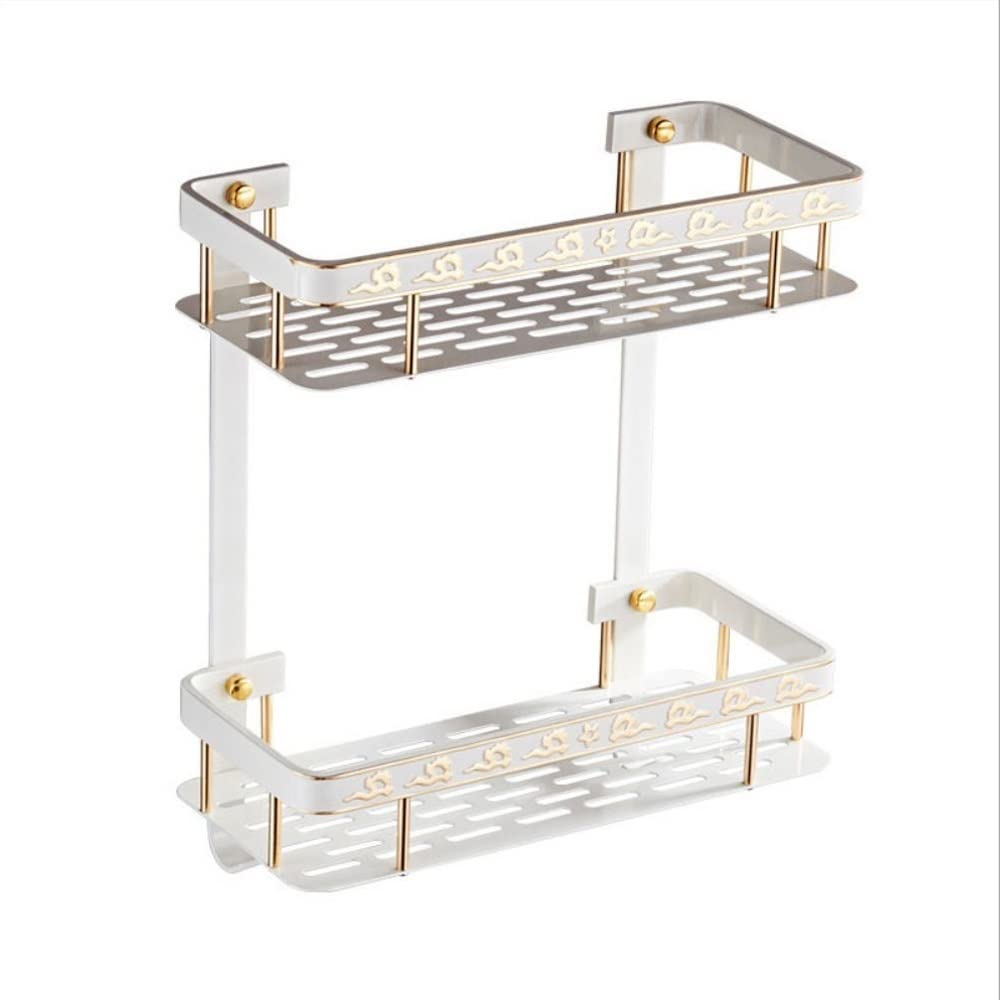 GTFDXJ Shower Caddy Shower Shelf Square Basket Double Tier White Aluminum Toilet Storage Shampoo Holder Kichen Organizer Rack