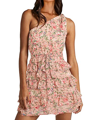BTFBM Women One Shoulder Summer Dresses 2025 Floral Sundress High Waist Flowy A Line Mini Beach Fall Wedding Guest Dress