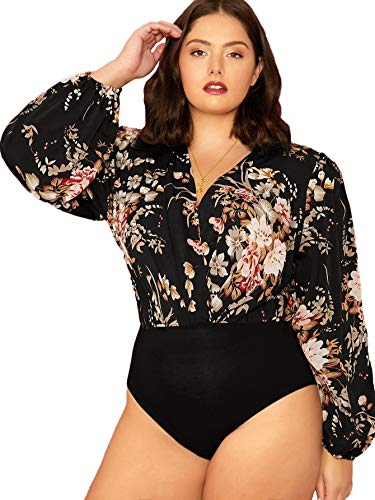 MakeMeChic Women's Plus Floral Print Long Sleeve V Neck Surplice Wrap Sexy Bodysuit Multicolor 3XL