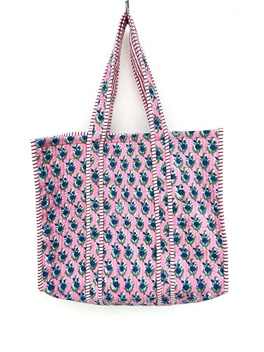 Image of Quilted Cotton Handprinted Reversible Large multicolor Floral Tote Bag,Hand Block Print Shopping Shoulder Carry Bag