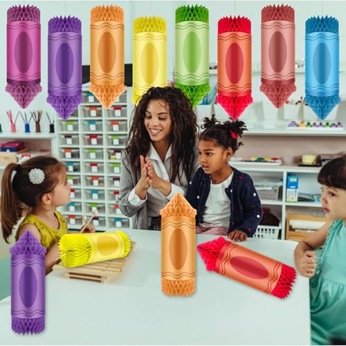 Image of 12PCS Crayon Theme Classroom Decor Preschool Kindergarten Back to School First Day of School Decor Classroom Hanging Ceiling Decorations Colorful Crayon Honeycomb Decorations