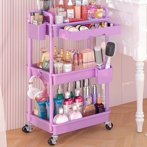 Goovilla Rolling Makeup Organizer Cart with Removable Drawer, 3 Tier Stable White Floor Skincare Storage Cart for Vanity, Cosmetic Display, Nail Polish, Perfume, Hair Stuff, Beauty, Bathroom(Plastic)