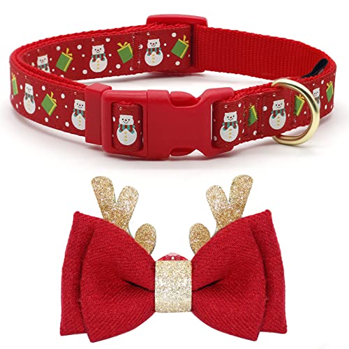 azuza Christmas Pet Collar Adjustable Xmas Dog Collar with Christmas Antler Bow tie Accessories Snowman Dog Collar for Puppy and Small Dogs