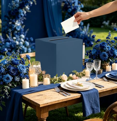 Image of SietDESEO Navy Blue Card Box for Graduation Large Gift Card Box Holder 9.8 inch x 9.8 inch Money Cards Box Diy Card Box for Wedding Reception Baby Shower Birthday Cards Box Holder