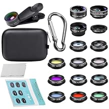 15 in 1 Mobile Lens Kit, Wide Angle, Macro, Fisheye, Telephoto, Special Effects Filters Included, Universal Smartphone Camera Lens Set