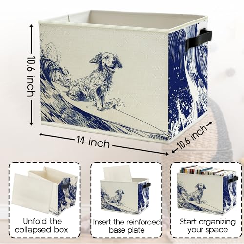 Image of Navy Blue Coastal Dog Storage Bins Box with Handles, Dog Lovers Gifts for Women Men, Nautical Surfing Dogs Collapsible Basket Organizer for Bedroom Bathroom Books Clothes