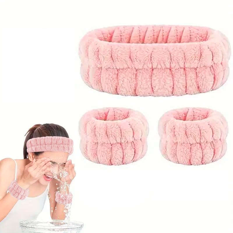 Set de diadema facial y muñequeras absorbentes de spa, banda spa para el cabello, cintillo de belleza, rutina facial, maquillaje y rutina de belleza, lavado de cara (Rosa Palo)