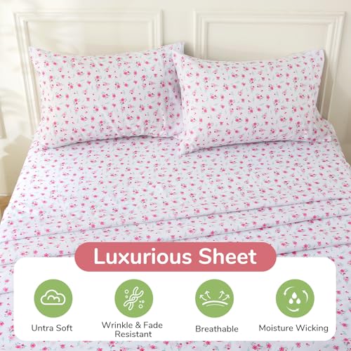 Image of MUXHOMO Queen Size 4 Piece Sheet Set, Soft & Breathable Sheet for Bedroom with Deep Pocket Up to 16 inch, Wrinkle-Free & Cooling Bed Sheet with Flat Sheet, Fitted Sheet & Pillowcases - Pink Flower Sea