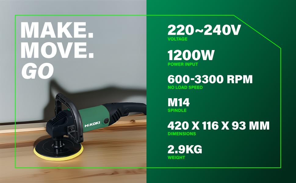 HIKOKI SP18VCS9Z 180 mm Corded Polisher 1200W | 600-3300Rpm | 2.9Kg | Black & Green 1