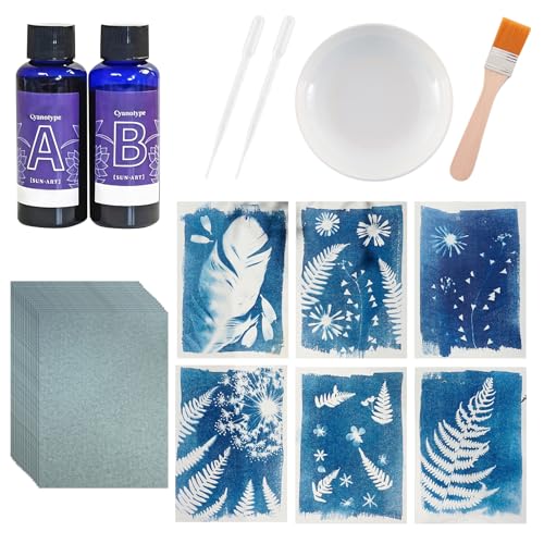 Ninnyi 30 Pcs Cyanotype Paper Kit 24 Sheets A6 Sensitive Sun Art Paper 2 Cyanotype Sensitizer for Photographic DIY Arts Crafts Projects