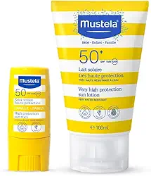 Mustela Combo Protetor Solar Stick FPS 50 8g Filtro Solar Facial em Bastão + Protetor Solar Infantil e Adulto Loção FPS 50+ 100 ml