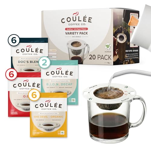 Coulée EcoPour Coffee Variety Pack, Single Serve Pour Over Coffee, Use for Camping or Traveling, Pre Filled Compostable, All Paper Filters, Ready to Brew with Hot Water, Includes 4 Flavors, 20 Pack