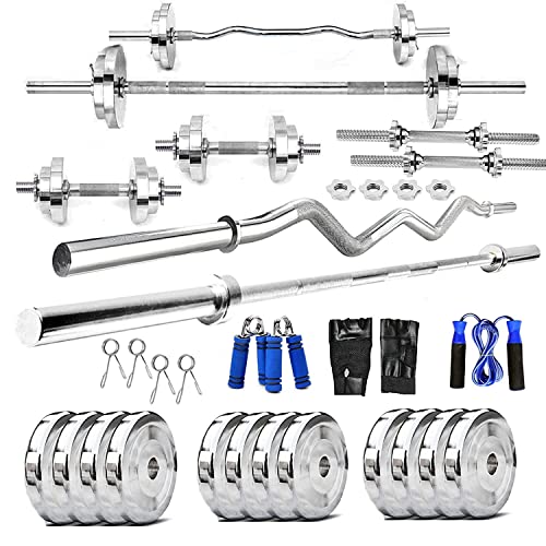 Image of BULLAR Home Gym Set 8kg to 70kg with ez /curl /Straight /Pair of Dumbbell rods, Customize Your own Exercise Set with Workout Accessories (25mm 4ft+5ft+starnut Dumbbell rods, Steel, 60 KG)