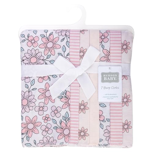 Image of Hudson Baby Infant Girls Cotton Flannel Burp Cloths 7-Pack, Pink Mint Floral, One Size