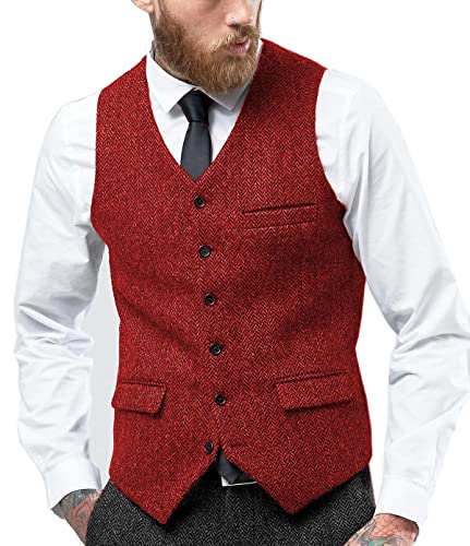 Tuikayoo Mens Herringbone Suits Vests Wool Business Tweed Retro Waistcoats Groomsman Slim Fit(3X-Large, Burgundy)2