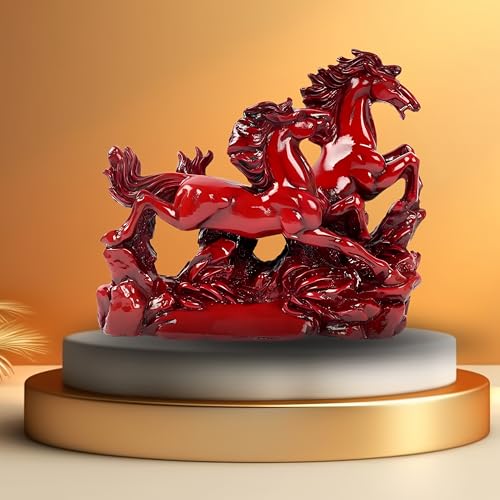 Image of Red Running Horses Statue | Vastu Remedy for Name, Fame & Wealth Stability | Resin Twin Horses for South Zone Energy Activation & Career Growth (Small Horse)