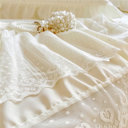 Odot Beige Betthusse 150x200 Bettrock, Weiß Spitzenkante Design Bettvolants mit Rüschen - 40 cm Rock, Baumwolle Bed Skirt mit Gürtel Matratzenschoner