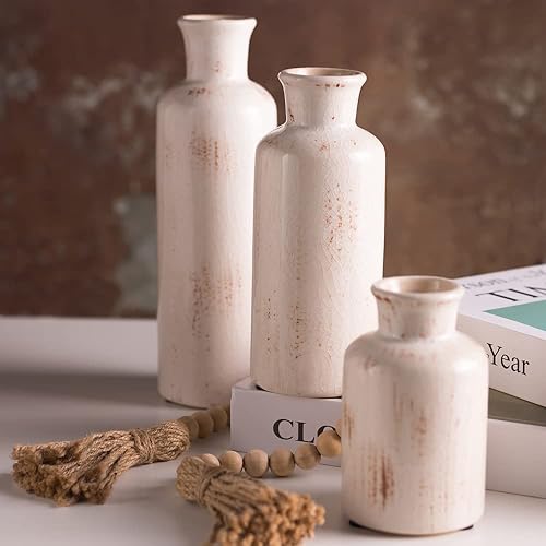 Miniatura 4 de Juego de jarrones de cerámica, 3 jarrones pequeños, jarrones de cerámica KAYLYNN para decoración rústica del hogar, decoración de sala de estar,
