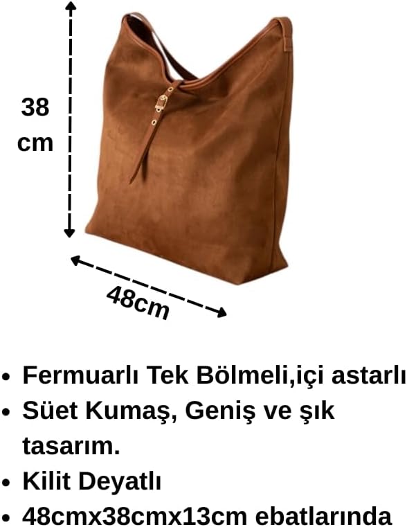 Kadın Süet Kumaş Büyük Omuz & Hobo Çanta – Fermuarlı Tek Bölmeli, Astarlı, Kilit Detaylı Şık Günlük Çanta (38x48x13 cm) (Taba) - Görsel 7