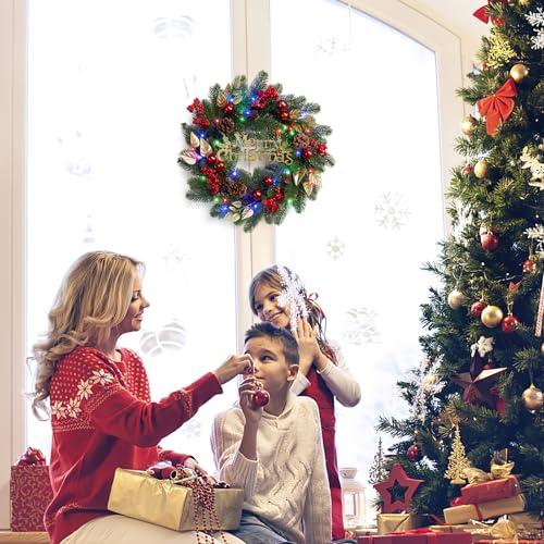 18 Inch Pre-Lit Christmas Wreath, Outdoor Lighted Christmas Wreath with Pine Cones, Berry, Colorful Lights for Front Door, Artificial Xmas Wreath for Holiday Party Decorations