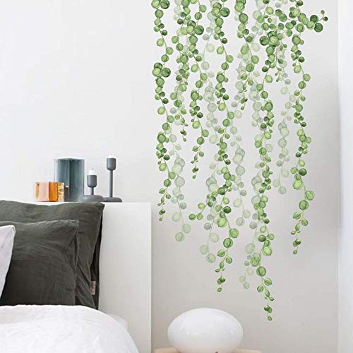 ROFARSO Cadena colgante de cuentas hojas de vid plantas verdes pegatinas de pared removibles PVC calcomanías de pared despegar y pegar decoraciones decorativas para adolescentes niños niñas dormitorio