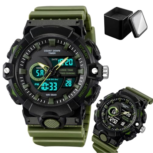 Reloj Deportivo Digital para Hombre, 3 Zonas Horarias, Temporizador, Cronómetro, Alarma, Luz LED, Día y Fecha, Sumergible 50M, Estilo Táctico de Exterior(Green)