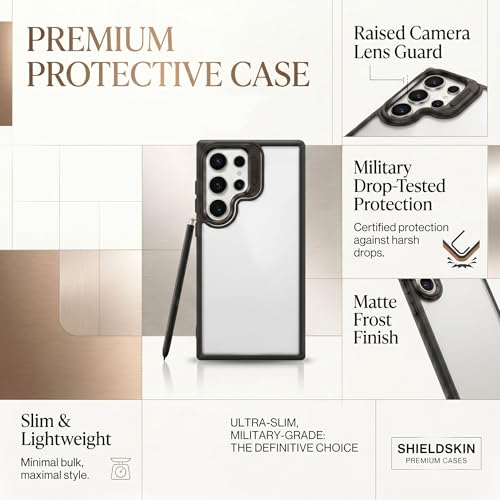 Image of amazon basics Frosted Matte Case for Samsung Galaxy S24 Ultra 5G | Built-in Flip-Out Camera Lens Stand | Translucent Back with Contrast Black Bumper | Shockproof Protective Cover