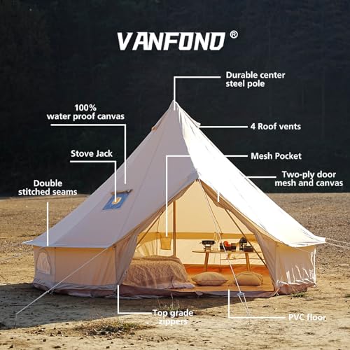 VANFOND Canvas Bell Tent, Yurt Tent with Stove Jack, Waterproof and Breathable Wall Tent, Glamping Tent, Detachable Groundsheet for Camping Party - Image 2