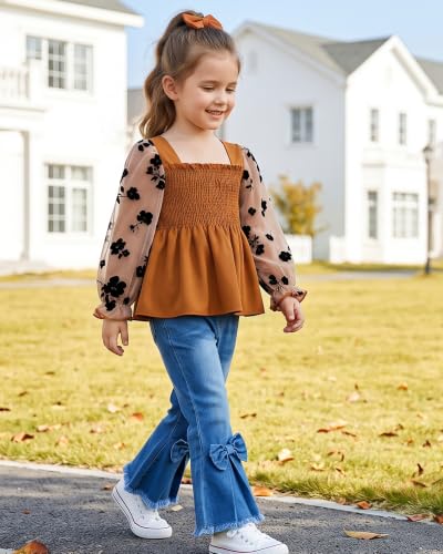 Image of Kucnuzki Toddler Kids Girl Clothes Long Sleeve Shirt Tops Baggy Jeans Cute Pants Set Baby Girl Outfit 2 Piece Clothing