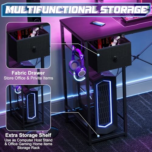 Image of X-cosrack 33.5 inch Small Gaming Desk with LED Lights & Power Outlets, Compact Computer Desk with Monitor Stand & CPU Stand, Gamer Table with Storage Drawer, Side Hooks for Home Office, Bedroom, Black
