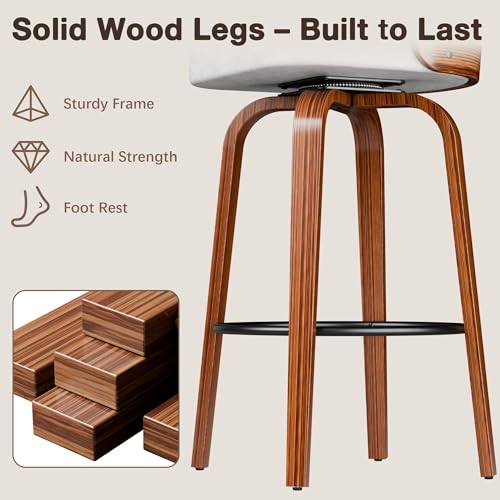 Butacos de Barra Set de 2, Butacos Modernos Giratorios de Altura para Barra (29 pulgadas), Blancos con Patas y Espaldar de Madera, Tapizados en Cuero Sintético para Isla de Cocina miniatura 7