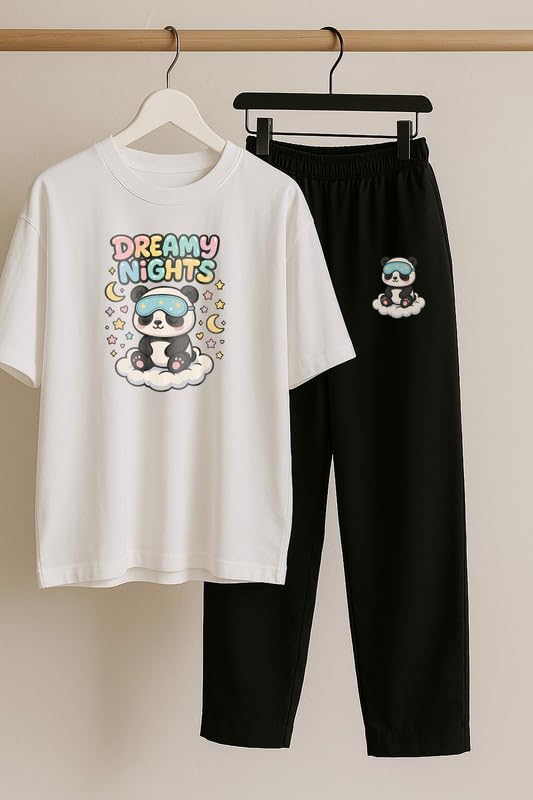 Image of My Swag Womens Cotton Nightwear Set | Dreamy Nights Printed T-Shirt with Relaxed Fit Pajama | Perfect for Sleep & Home