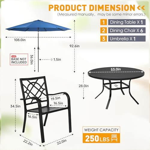 Image of SUNCROWN 8-Piece Outdoor Wrought Iron Chairs and Table Patio Dining Furniture Set-6 Stackable Metal Chairs, 1 53 inch Round Bistro Table and 1 Dark Blue 9Ft Patio Umbrella for Garden Backyard Deck