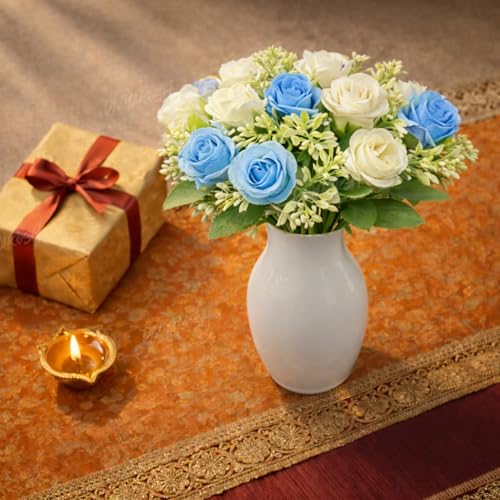 Image of Divyakosh Artificial Rose Flower Bunch for Vase (VASE NOT Included)| 20 Real Touch Blue & White Roses with Fillers & Leaves Faux Flower Bouquet for Home & Diwali Decor |