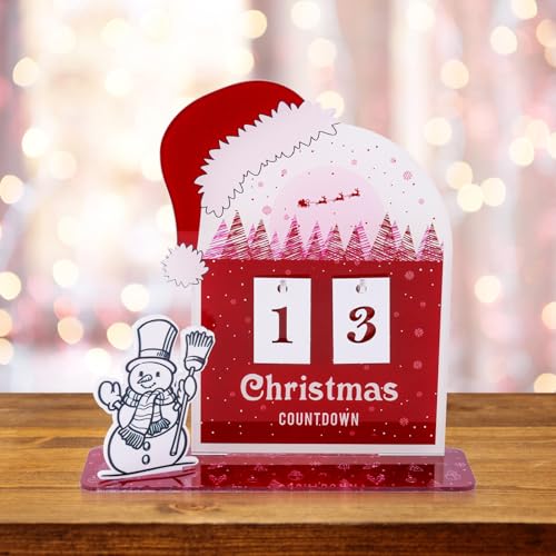 Calendario Conto alla Rovescia Natale, Cappello Natale Rosso Calendario Avvento Cartello Tavolo con Targa Acrilica Numero e Data e Ornamento Pupazzo Neve Decorazioni Natalizie per Casa