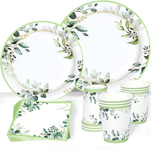 Green Party Plates Supplies, Sage Green Paper Eucalyptus Leaf Plates and Napkins, Disposable Tableware, Cups, Napkins for Jungle Boho Party,Baby Shower, Bridal Shower, Birthday Supplies Serve 24 - Image 8