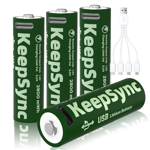KeepSync AA Rechargeable Lithium Battery, 1.5V Constant Output, Rechargeable Over 1000 Times, Fast 2-Hour Charging, Built-in Smart Protection, Safe and Reliable for Home and Office Devices (4 Packs)