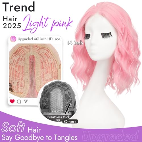 Image of Eawwii Light Pink Short Wavy Wig for Women Lace Hairline Bob Style Synthetic Heat Resistant - Natural Appearance for Everyday Hairstyle 14 Inch