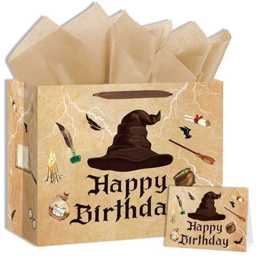 Zliisang Magical Wizard Birthday Gift Bag with Tissue Paper and Greeting Card Magical Hat Birthday Party Favor Bags Wizard Birthday Party Supplies Halloween Party Favors