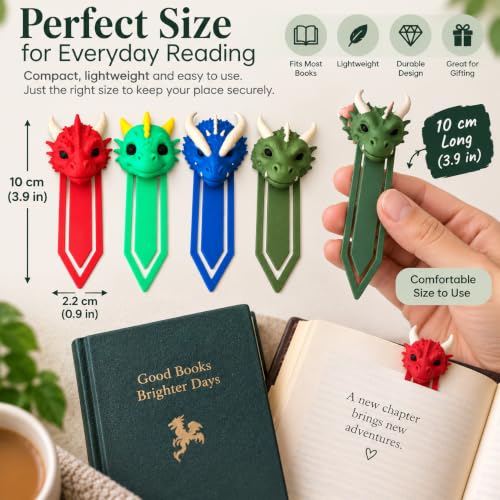Image of 4 Pack Sanchi Homes Dragon Bookmarks Set, Unique 3D Fantasy Markers | Durable Bioplastic